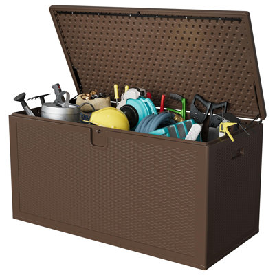 Boîte de rangement extérieure 150 gallons, boîte de terrasse en résine résistante aux intempéries avec couvercle verrouillable pour coussin de patio