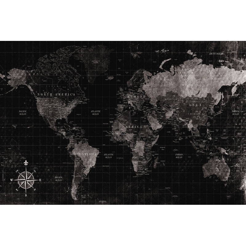 Black And White World Map Distressed - Wrapped Canvas Art Prints, 51cm H x 76cm W x 3.8cm D