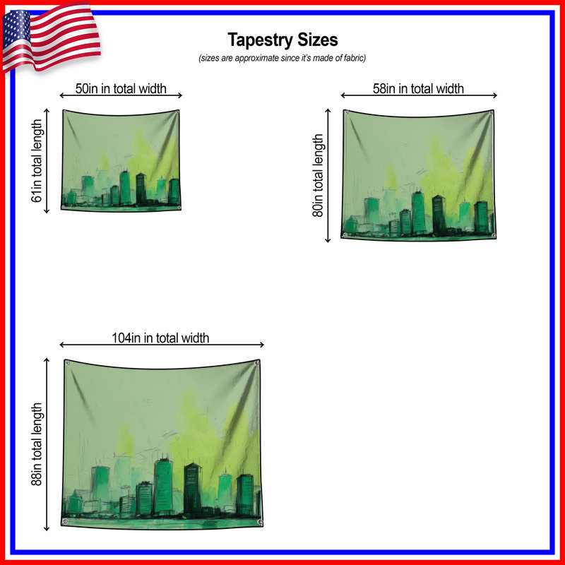 Tapisserie murale verte «Cityscape Illustration» - décoration murale paysage urbain, 104 po H x 88 po avec 4 œillets