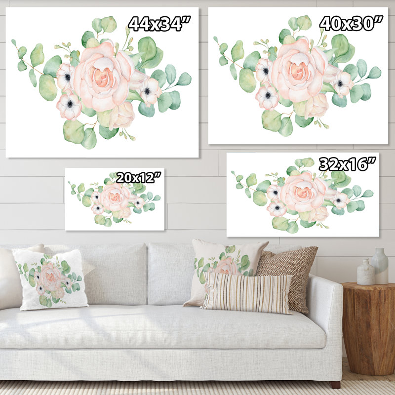 Fleurs et bouquet de feuilles d'eucalyptus II - Peinture sur toile, H 16 po x l 32 po x P 1 po, Toile tendue