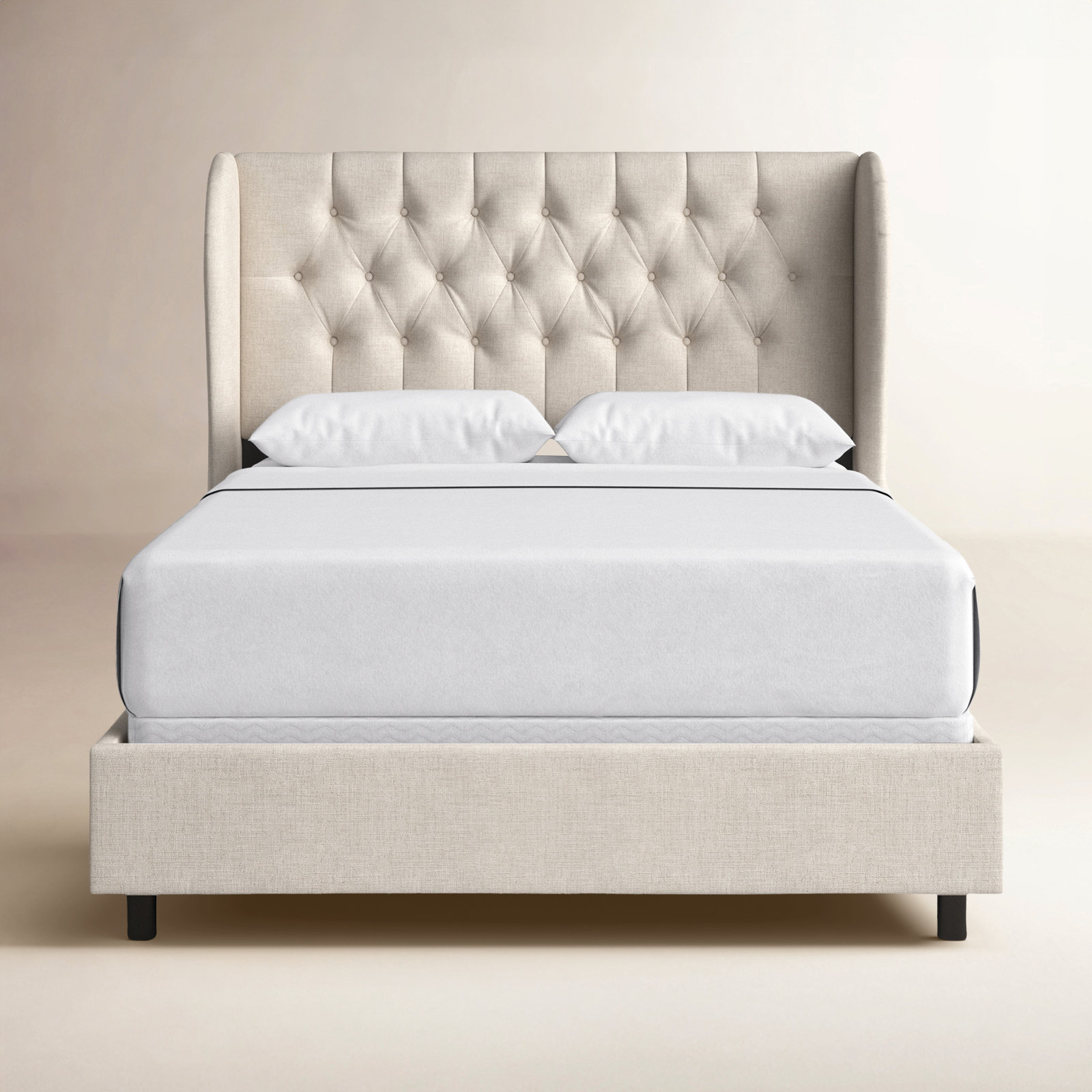 Tomey Tufted Upholstered Low Profile Standard Bed, King, Classic Talc Linen