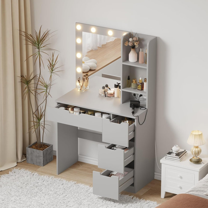 Vanity Desk with Mirror & Power Outlet, 3 Lighting Colors Vanity Desk with 4 Drawers & 12 Bulbs, Modern Dressing Table for Bedroom