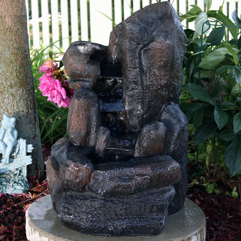 Rock Falls Rustic Gray Polyresin Solar Water Fountain with LED Lights