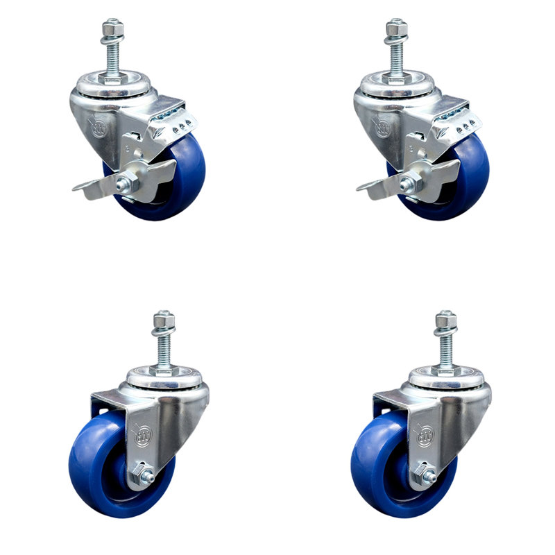 Ensemble de roulettes à tige filetée de 3,5 po en polyuréthane pivotant de 3/8 po à 2 freins SCC