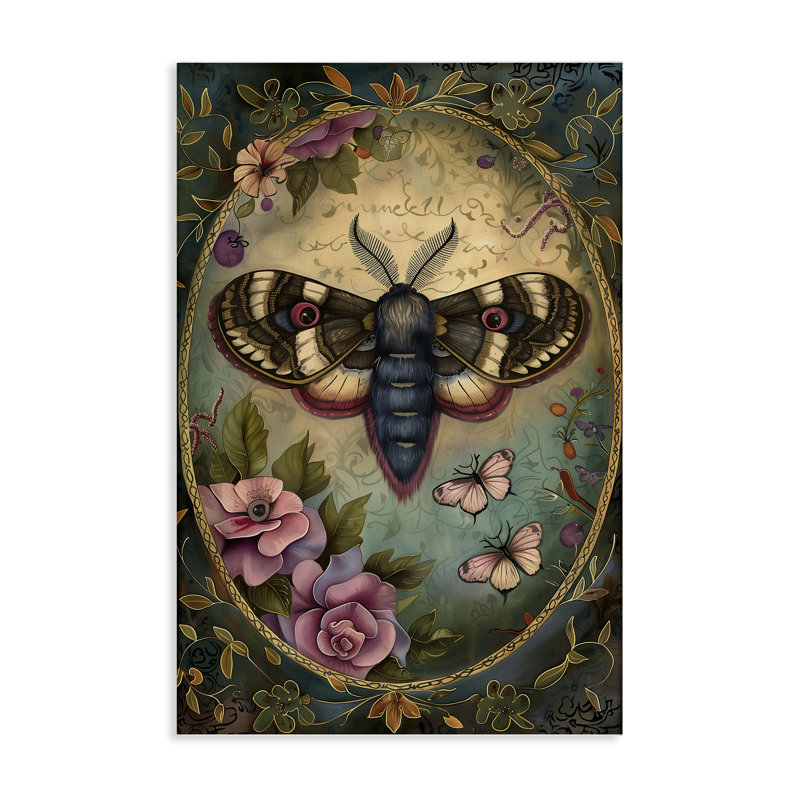 Vintage Moth & Floral Border Canvas, design by The Dutch Lady, 24" H x 16" W