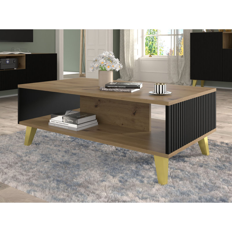 Fontainbleau Four Leg Coffee Table with Storage, Matt black/oak wood, Beige