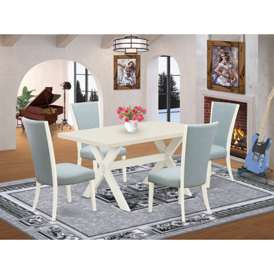 Ensemble de table et chaises de cuisine 5 pièces comprenant une table de salle à manger rectangulaire à pattes en X et 4 chaises Parsons en lin bleu ciel multicolore
