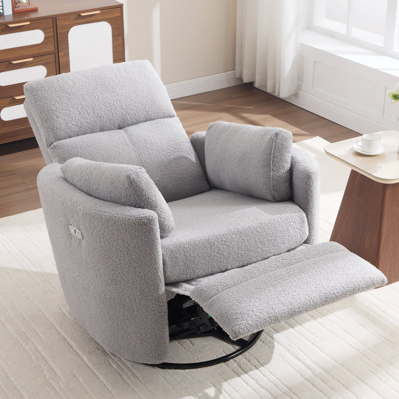 Deluxe Teddy Swivel Rocker Power Recliner with Adjustable Pillow for Ultimate Comfort, Teddy Light Gray