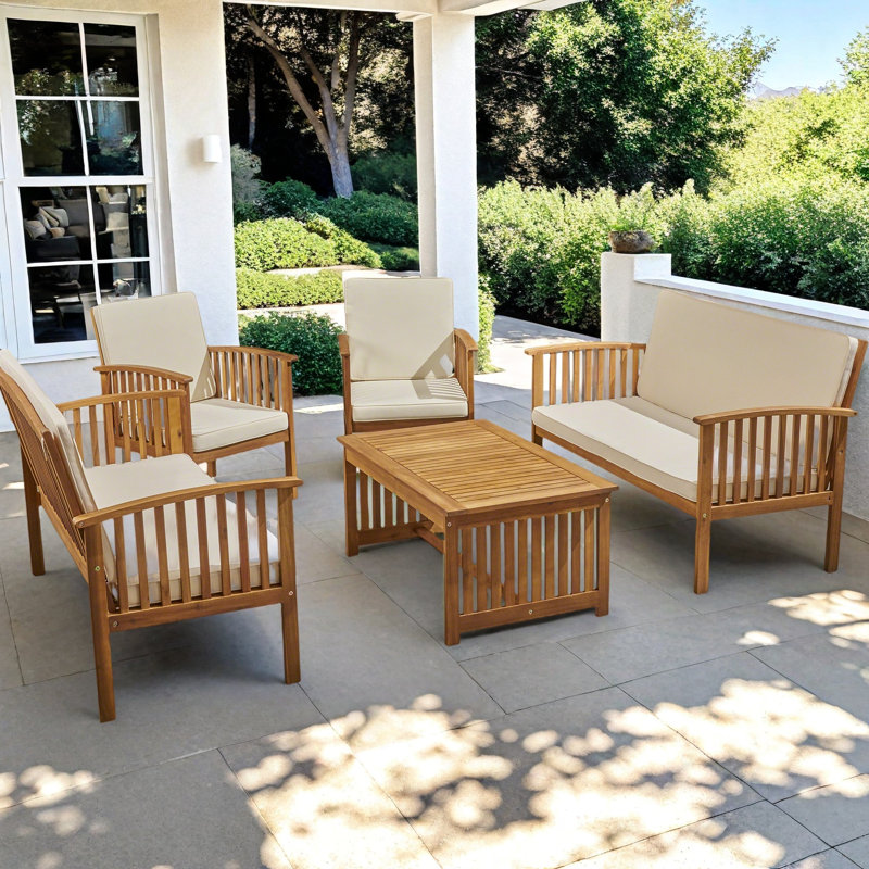 Dunn Outdoor 5 Piece Sofa Seating Group with Cushions, Brown Patina, White
