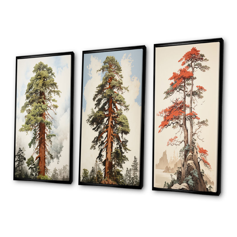Redwoods Rise Solitude Landscape - Ensemble de 3 reproductions sur toile de séquoia, Cadre flottant noir, H 32 po x l 48 po