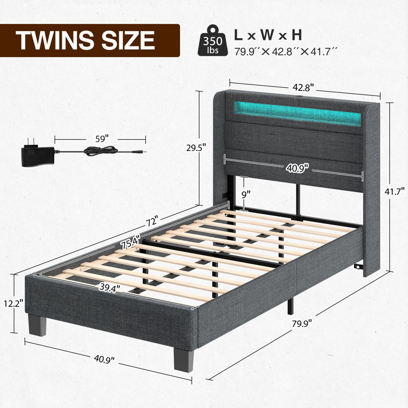 Dimtry Upholstered Bed with Headboard, LED Lights and USB Power Strips, Twin / Single