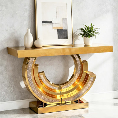 Crushed Diamond Mirrored Console Table, Brown Glass Entryway Sofa Table with Rhinestone Inlay