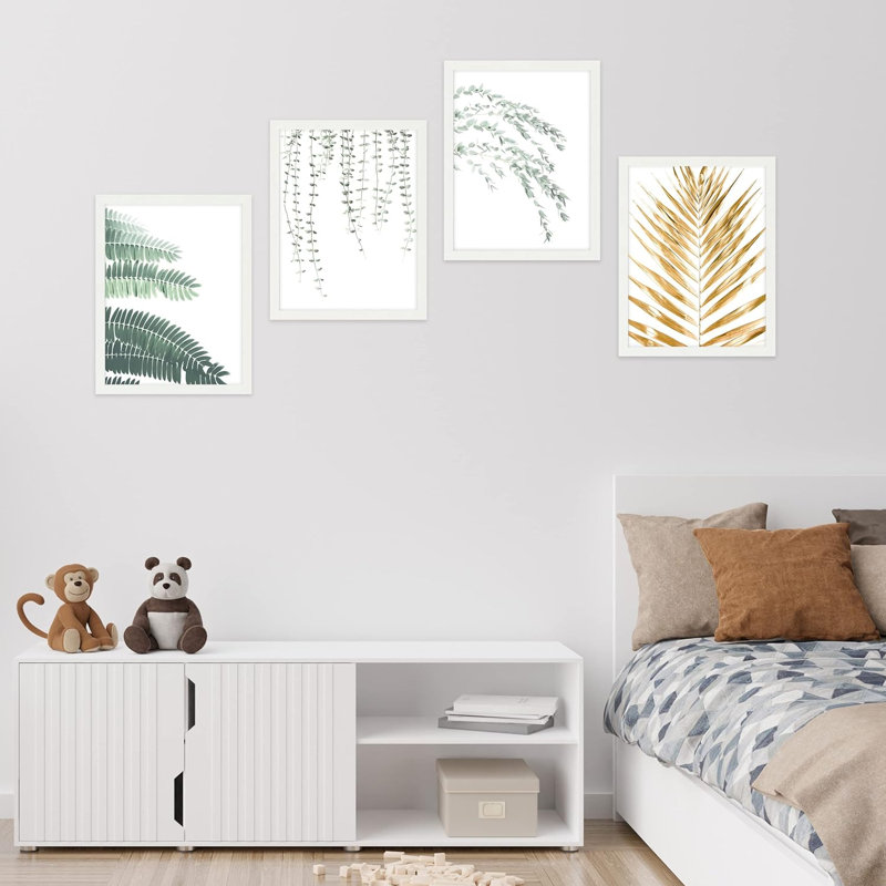 «Green Gold Forest», ensemble de 4 impressions murales collage sur feuilles, impression encadrée sur papier, 4 pièces, Blanc