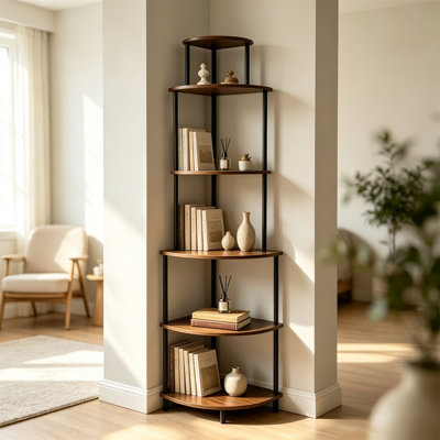 6-Tier Corner Shelf – Wooden Corner Storage Rack, Corner Bookshelf, Wood Storage Organizer for Small Spaces, Bathroom, Bedroom, Apartment, Easy to Assemble