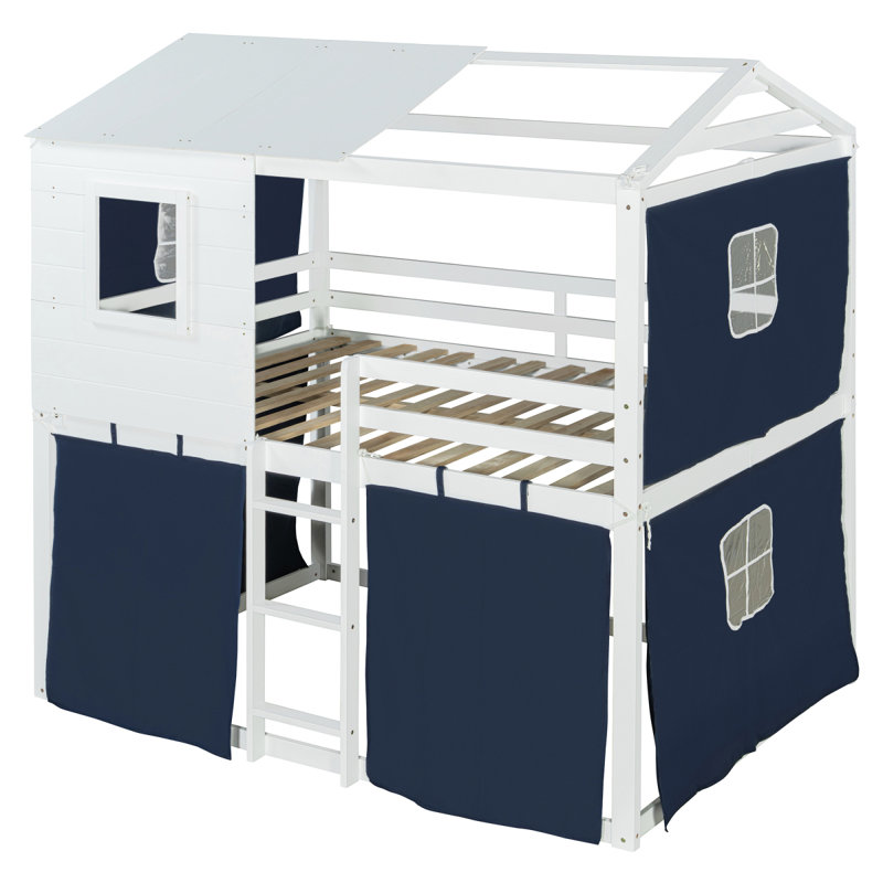 Lit simple superposé en bois avec tente, bleu et blanc (ancien SKU: LT000379AAC), Lit simple, Bleu