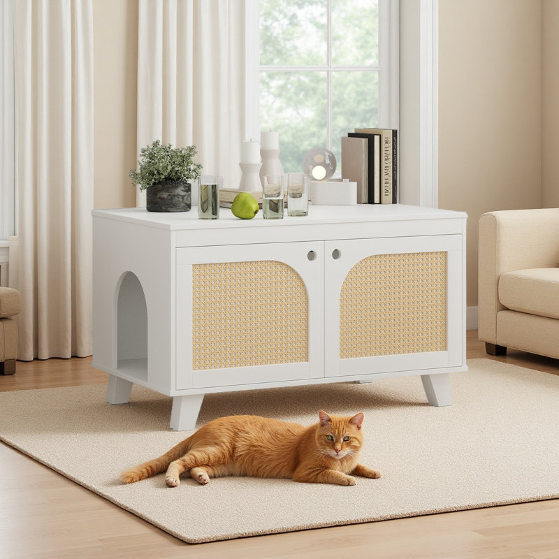 Armoire à litière à couvercle rabattable pour chat avec portes décoratives en rotin pour votre maison, deux entrées, Blanc