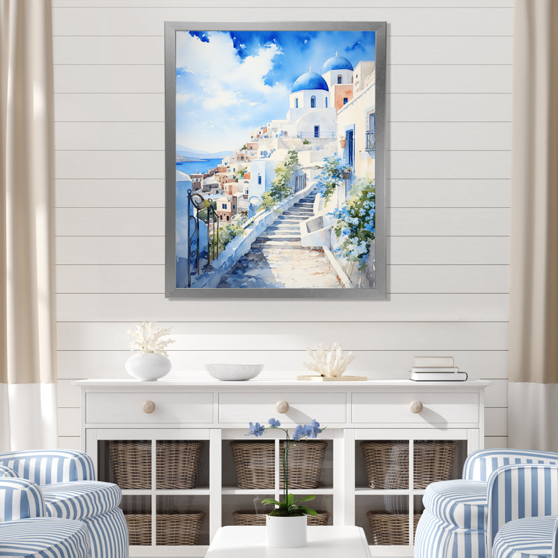 "Village côtier des îles grecques III", Cadre simple argenté, H 20 po x l 12 po x P 1 po