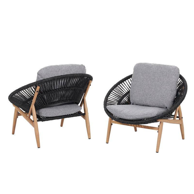 Chaise longue d'extérieur en osier de style Papasan, osier avec coussin, ensemble de 2, Gris, Gris foncé