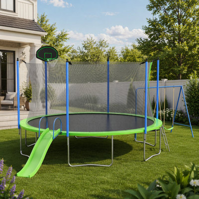Trampoline de 12 pi avec glissade, balançoires et panier de basketball, approuvé ASTM pour les enfants et les adultes, amusement extérieur durable et sécuritaire