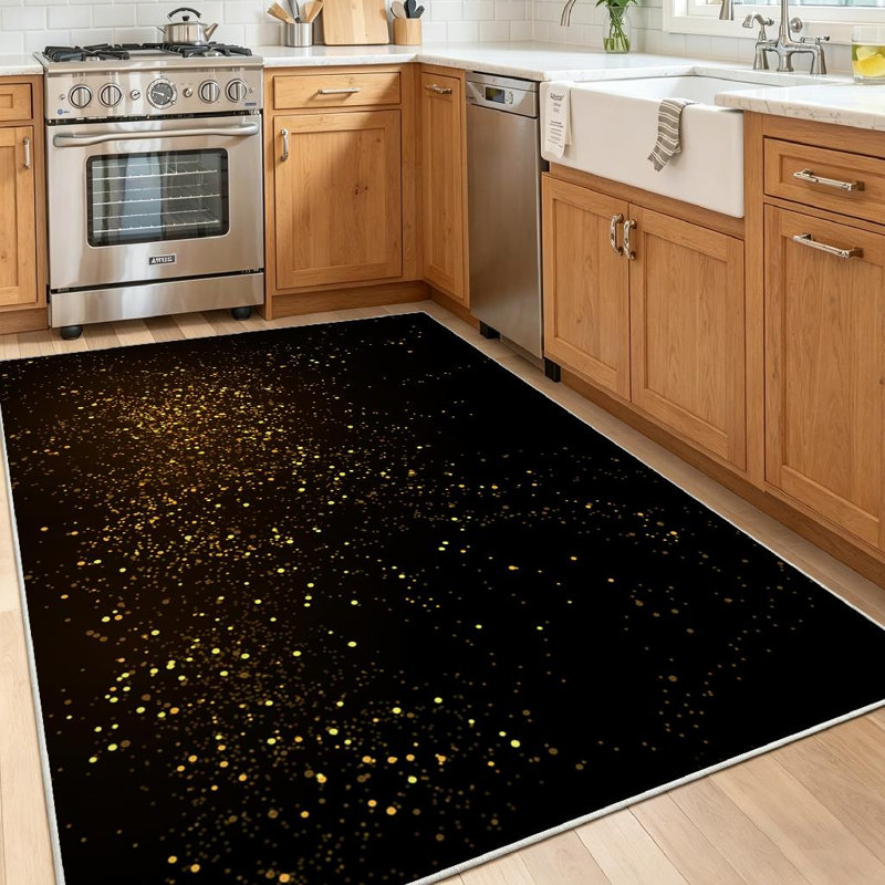 Gold Powder Splash En Scattered Dust Stylish Fashion Black Machine Washable Indoor Area Rug, Rectangle 55" x 79"