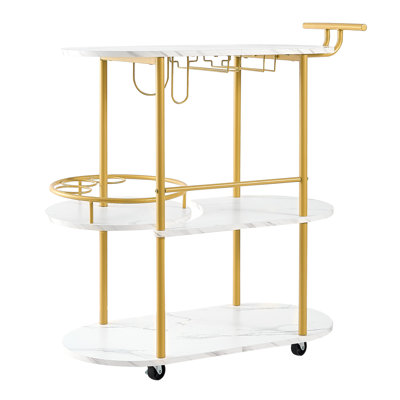 Bar Cart, 3 Tiers Home Kitchen Serving Carts, Modern Round Rolling Utility Station on Wheels, Mobile Drink Beverage Trolley w/ Wooden Shelf, Wine Rack