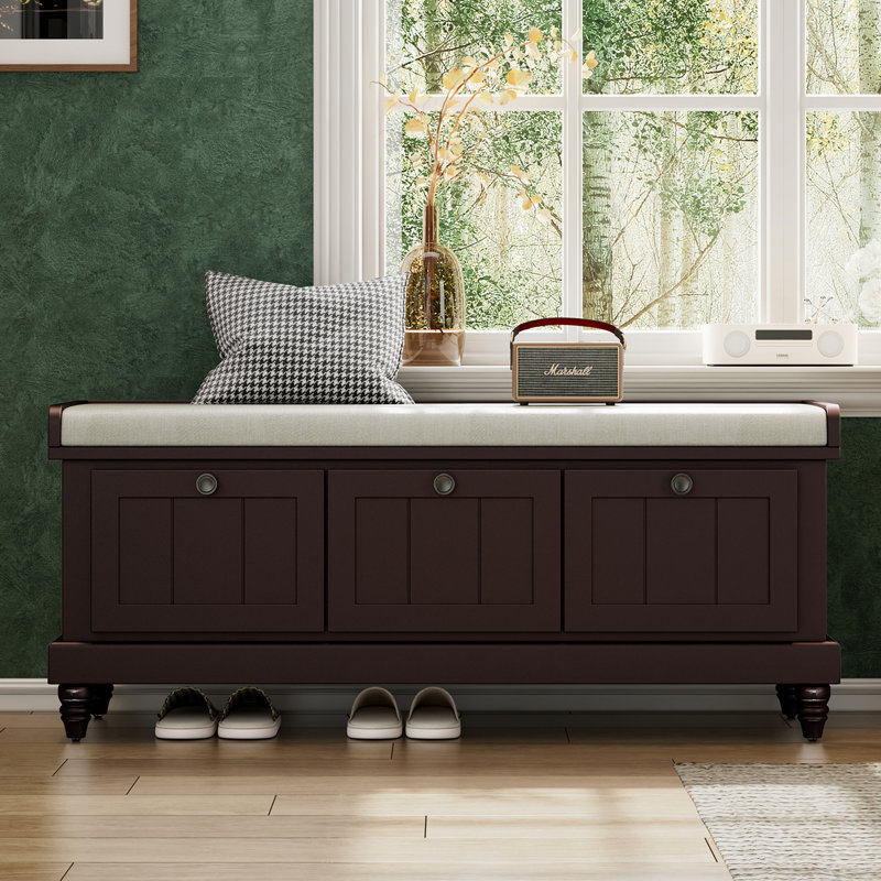 44" Wide Shoe Storage Bench With Cushion Entryway Bench Flip Top Storage Bench With Drawers, Brown