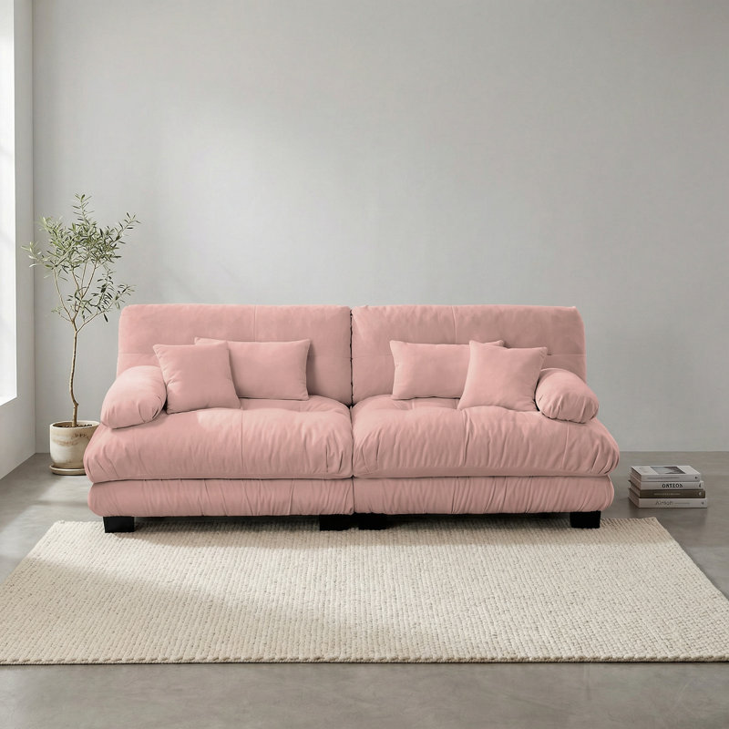 Pink Chenille Cloud Upholstered Loveseat Sectional With 2 Lumbar & 2 Throw Pillows For Living Room
