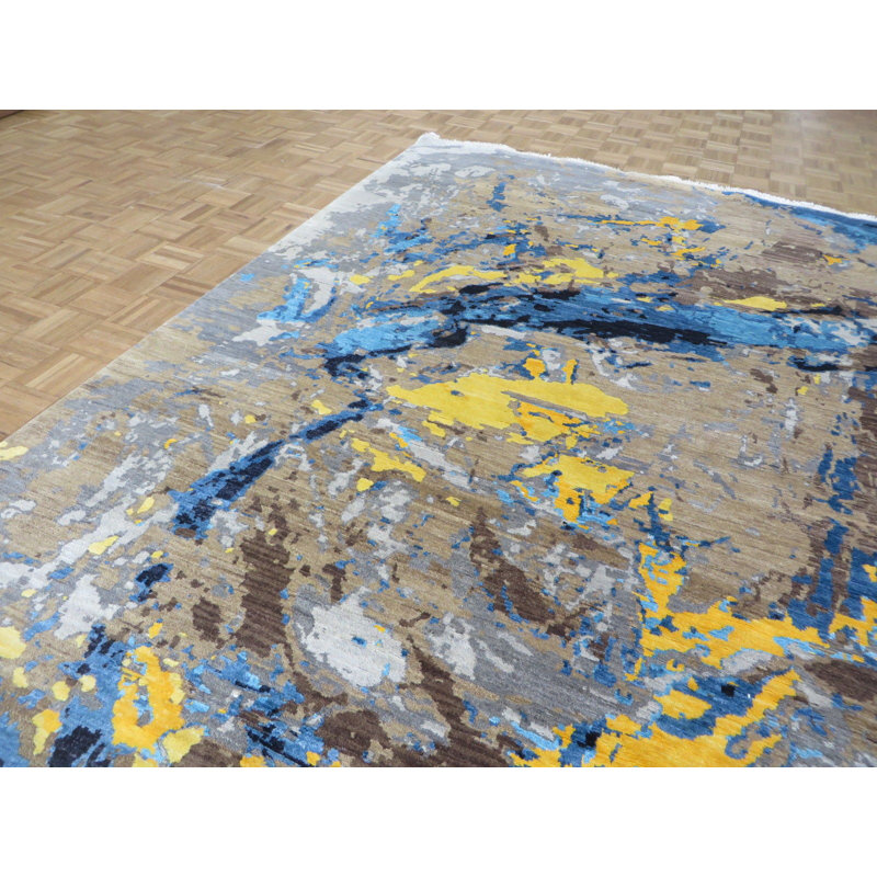 Tapis de zone one-of-kind à la main bleu/jaune 9 pi 1 po x 11 pi 11 po noué la Ziegler