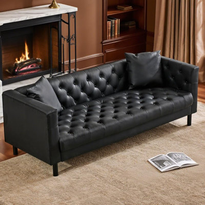 Canapé moderne en cuir de 206 cm avec assise profonde – Canapé moelleux 3 places, capitonnage à boutons, ressorts ensachés et structure en bois pour salon ou bureau, noir vintage
