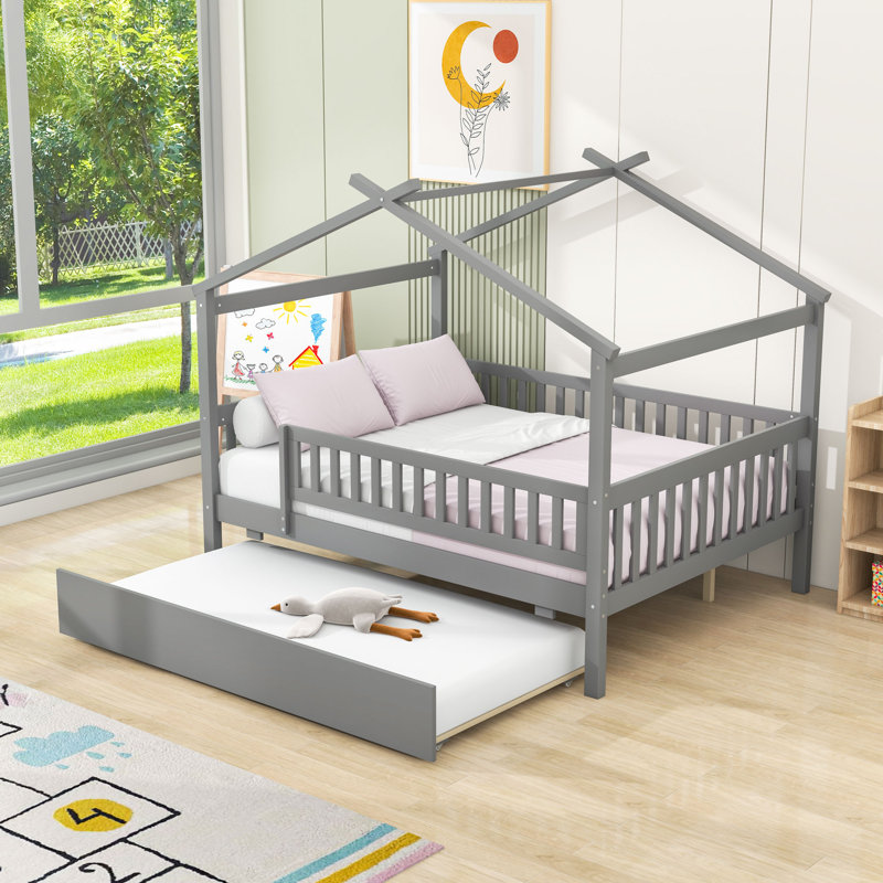 Wooden House Bed With Safety Guardrails And Twin Trundle, Gray, Full