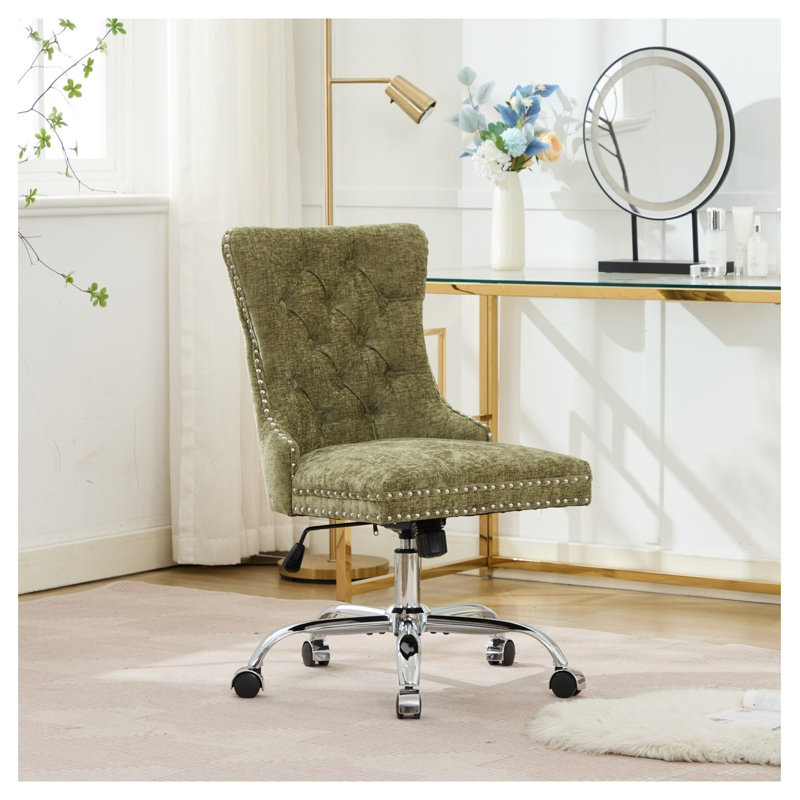  Chaise de bureau, chaise de bureau moderne capitonnée en chenille verte avec base en métal chromé, chaise de bureau pivotante réglable