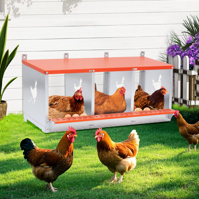 3 - Bay Metal Nest Box Wall Mount For And Ducks, Orange Galvanized Steel Coop Equipment, Three Compartments Better Egg Laying, Simple Collection Assembly, Natural Coconut Fiber Pad Roomy Consistent