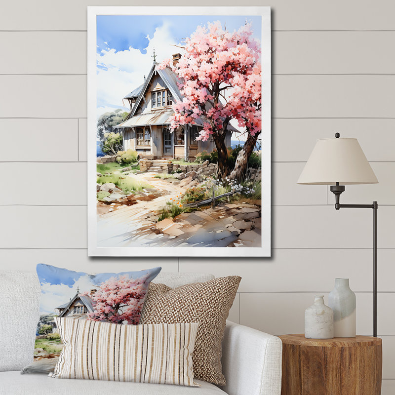 «Blossom Bungalow By The Lake 1», art mural paysage, H 20 po x l 12 po x P 1 po, Cadre simple blanc