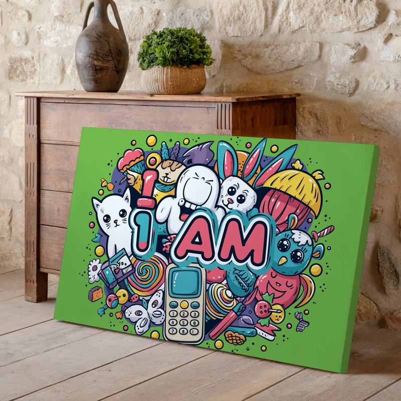 Reproduction d'art sur toile, "Collage éclectique" sur fond vert vif, H 30 po x l 30 po
