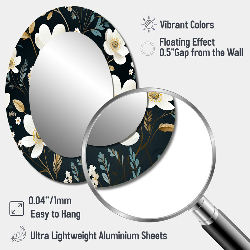 «Senneca Mystic» blanc et bleu sarcelle Splendor Gardens - décor de miroir mural unique floral, H 40 po x l 30 po, Ovale
