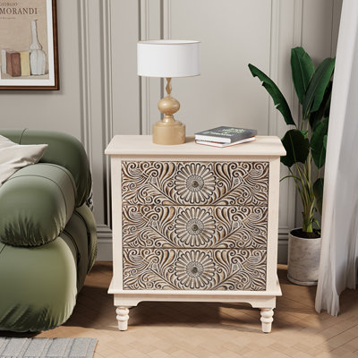 Table de chevet en bois sculpté de 66 cm de large avec trois tiroirs, ensemble de 2