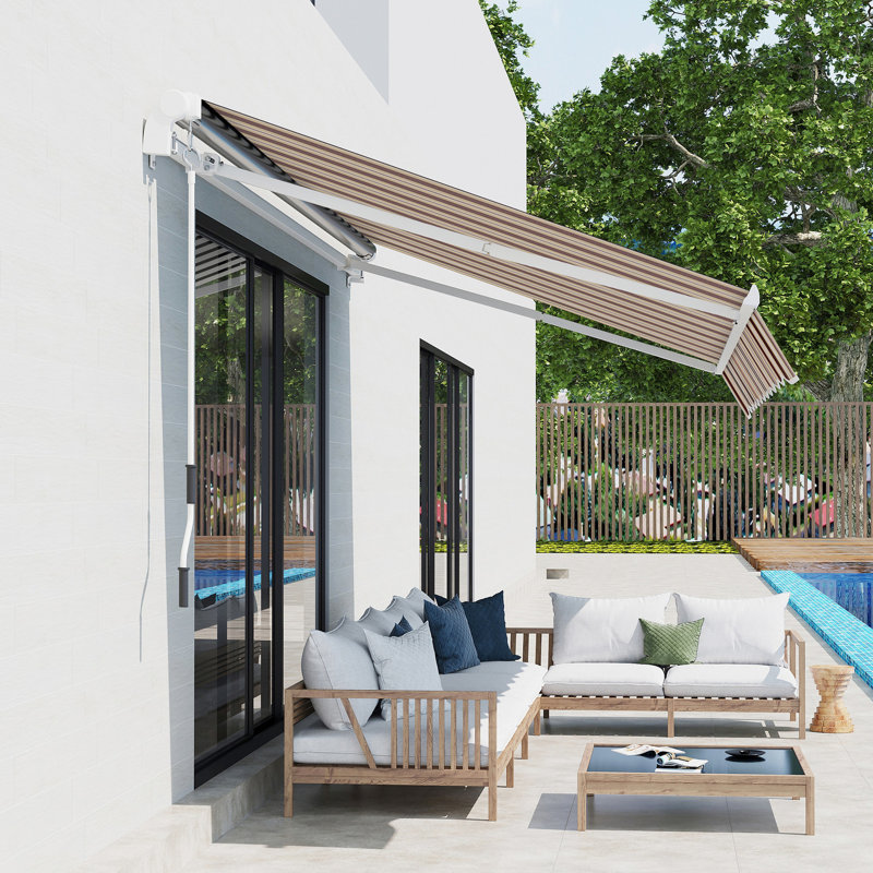 Auvent de terrasse rétractable 13 pi x 8 pi avec toile et cadre en aluminium, manivelle manuelle, rayures rouges pour terrasse de balcon