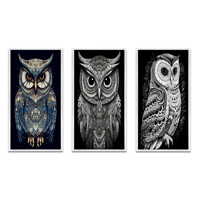 «White Owl Magic», 3 pièces sur toile, H 32 po x l 48 po, Cadre blanc