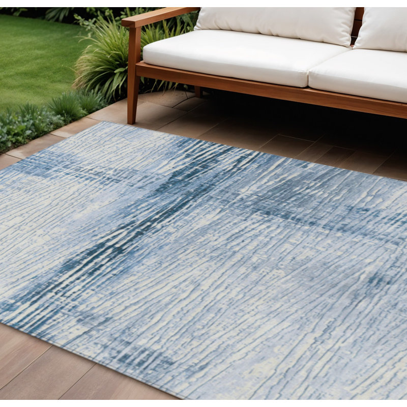 Tapis extérieur lavable rayé bleu ciel et ivoire 10 pi x 14 pi