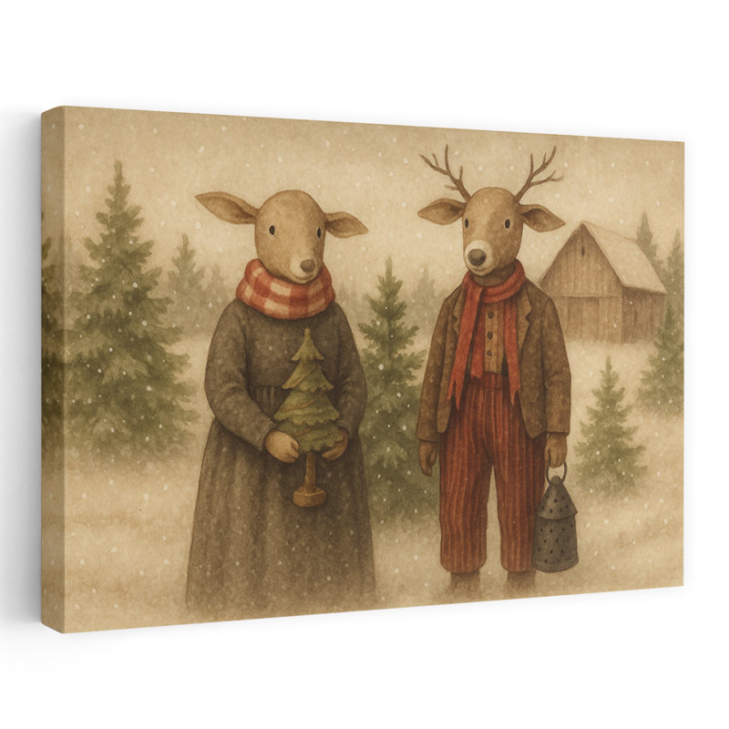 Art primitif de forêt de cerfs vintage rustique fantaisiste, H 32 po x l 48 po