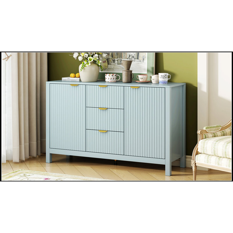 Buffet Wave-Design avec 3 tablettes réglables, 3 tiroirs et portes à fermeture en douceur pour les espaces de vie modernes