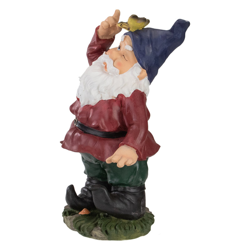 Statue de jardin gnome rouge et vert 11,25 po avec papillon