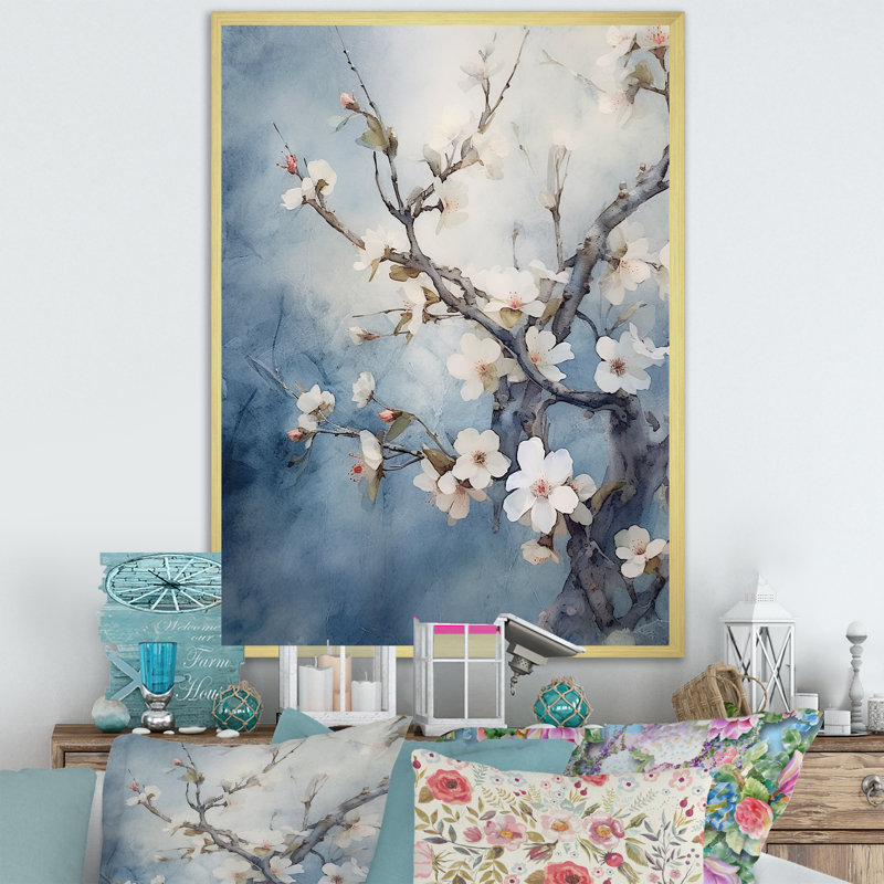 «Blue and Gray Cherry Blossoms Sapphire», reproduction d'art sur toile, H 32 po x l 16 po x P 1 po, Cadre photo doré simple