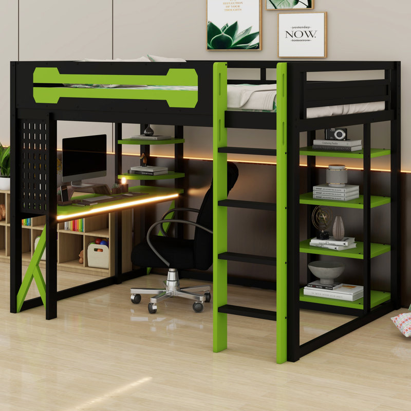 Lit mezzanine avec bureau et tablettes de rangement, structure en bois avec station de charge et lumière RVB, Noir et vert