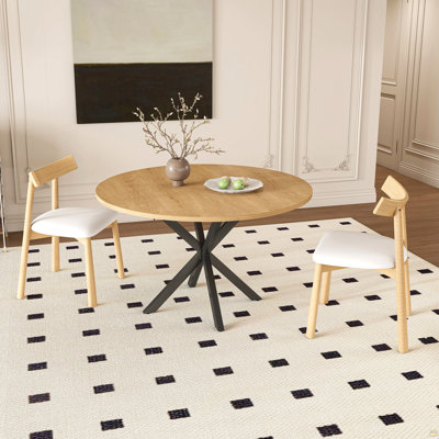 Extendable Round Dining Table Set For 2-6 Person, 43 To 58 Inch Oak Finish Expandable Table With Carbon Steel Base & 2 Solid Wood Chairs, Modern Space Saving Dining Room Furniture