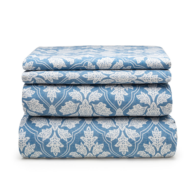 Classic Damask Printed 100% Cotton Sheet Set,, King, Aqua