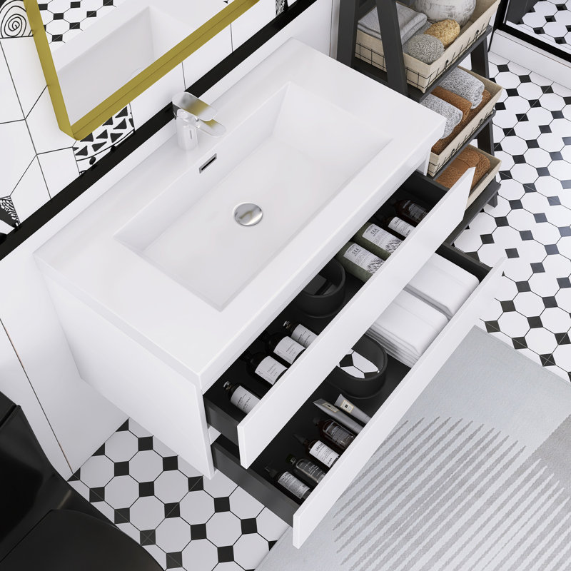 Meuble-lavabo mural simple avec plateau en résine, Blanc lustré, 36"