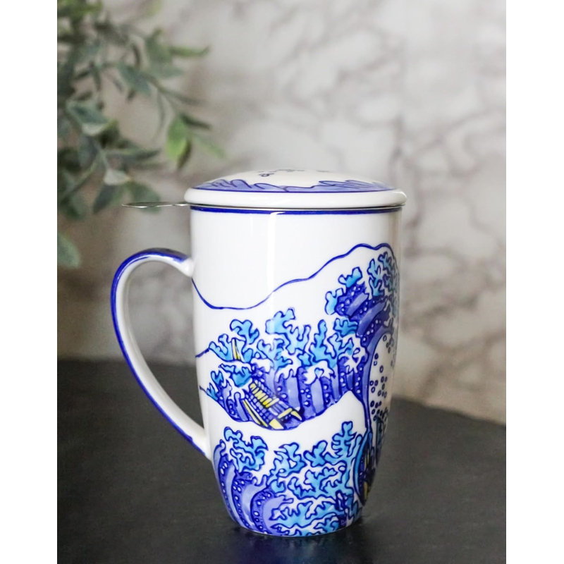 Grande tasse à thé en porcelaine 15 oz avec couvercle et infuseur en acier inoxydable Great Wave Kanagawa