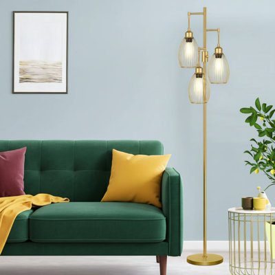 Matte Gold Farmhouse/Industrial Style Dimmable Floor Lamp, Tree-Shaped Design With A Tall Lampshade, Includes 3 X 800 Lumens LED Bulbs. Suitable For Living Rooms, Bedrooms, Offices, And Dining Rooms.