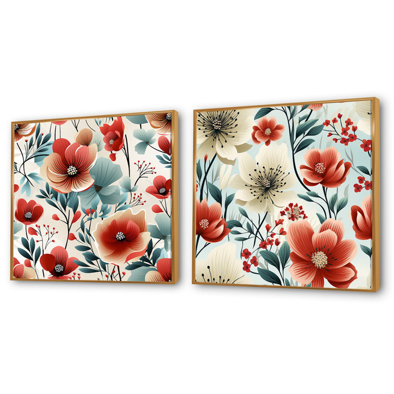 Henrietta - Ensemble de 2 collages floraux carrés, H 16 po x l 33 po, Cadre flottant doré
